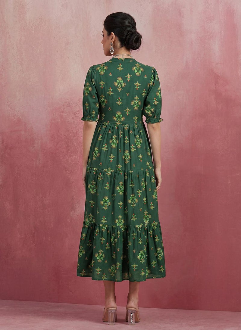 Globus Women Green Mandarin Collar Puff Sleeves Ethnic Print Waist Tie-Ups Tiered Midi A-Line Fusion Dress - Image 4